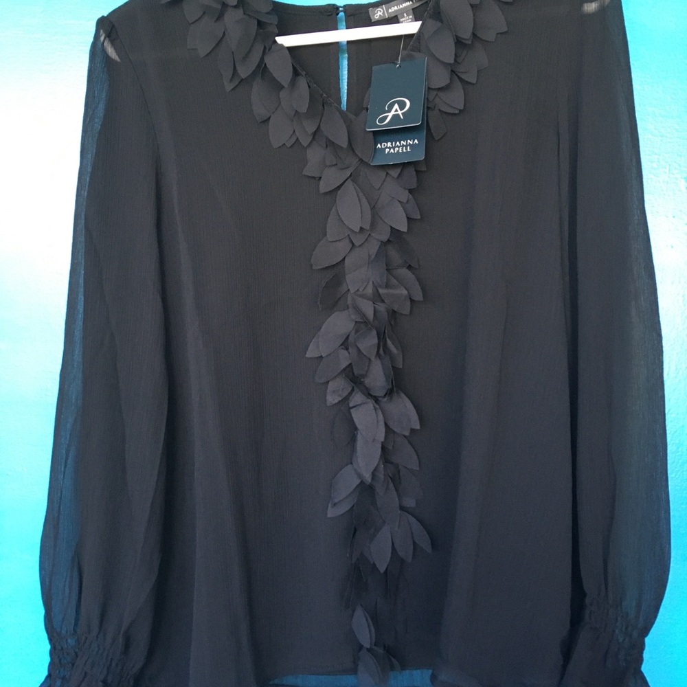 Adrianna Papell Black Leaf-Trim Sheer Lined Blouse Feminine Romantic SZ S